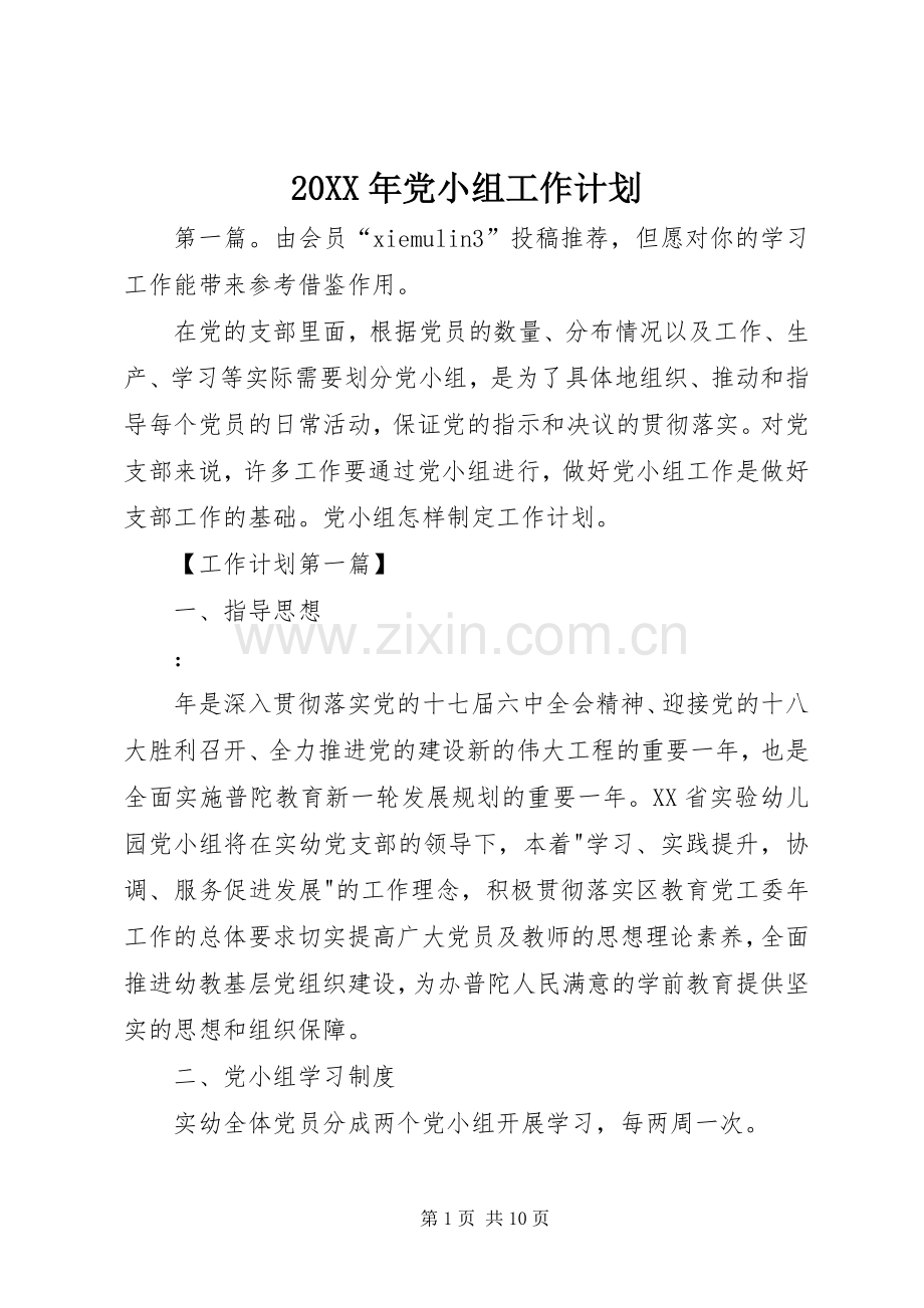 20XX年党小组工作计划.docx_第1页