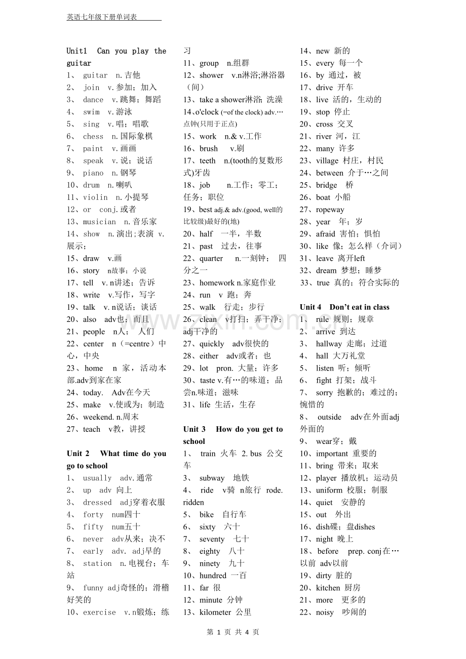 2013年七年级下册人教版单词表.doc_第1页