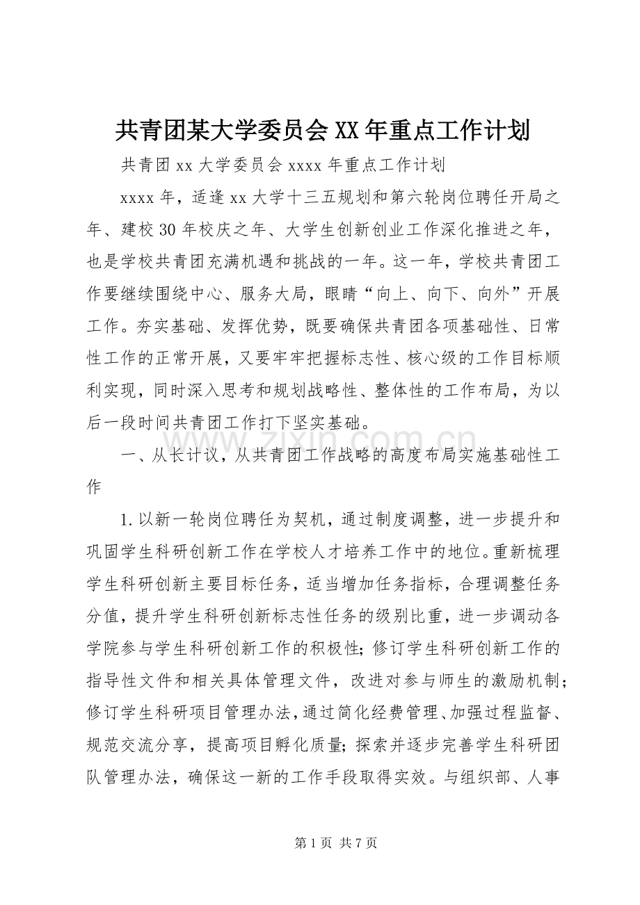 共青团某大学委员会XX年重点工作计划.docx_第1页