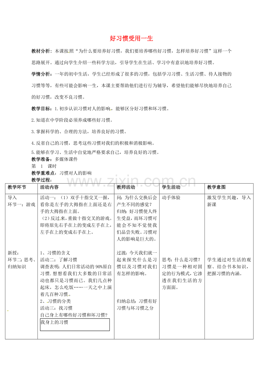 八年级政治上册 第一课 好习惯受用一生教案 苏教版-苏教版初中八年级上册政治教案.doc_第1页