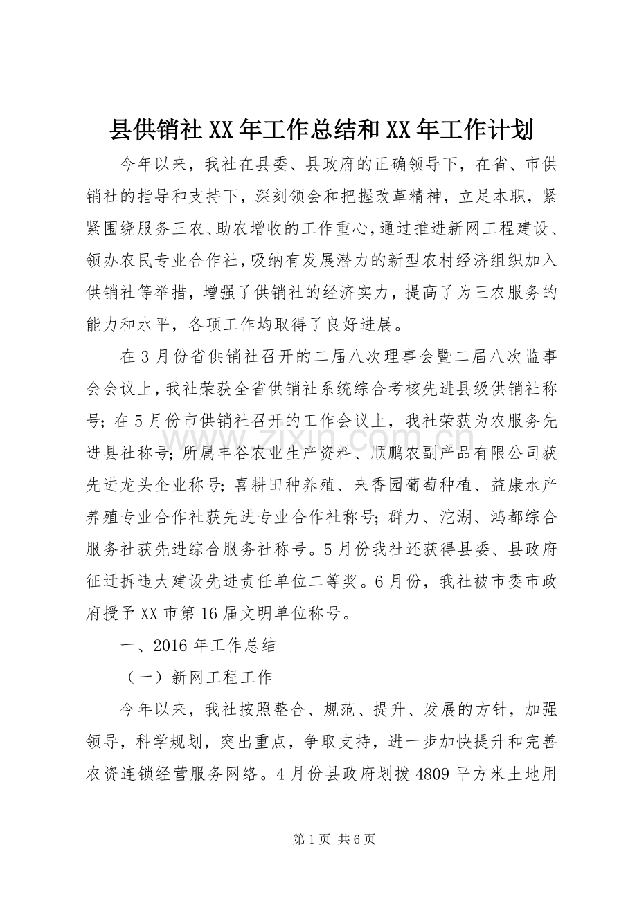 县供销社XX年工作总结和XX年工作计划.docx_第1页