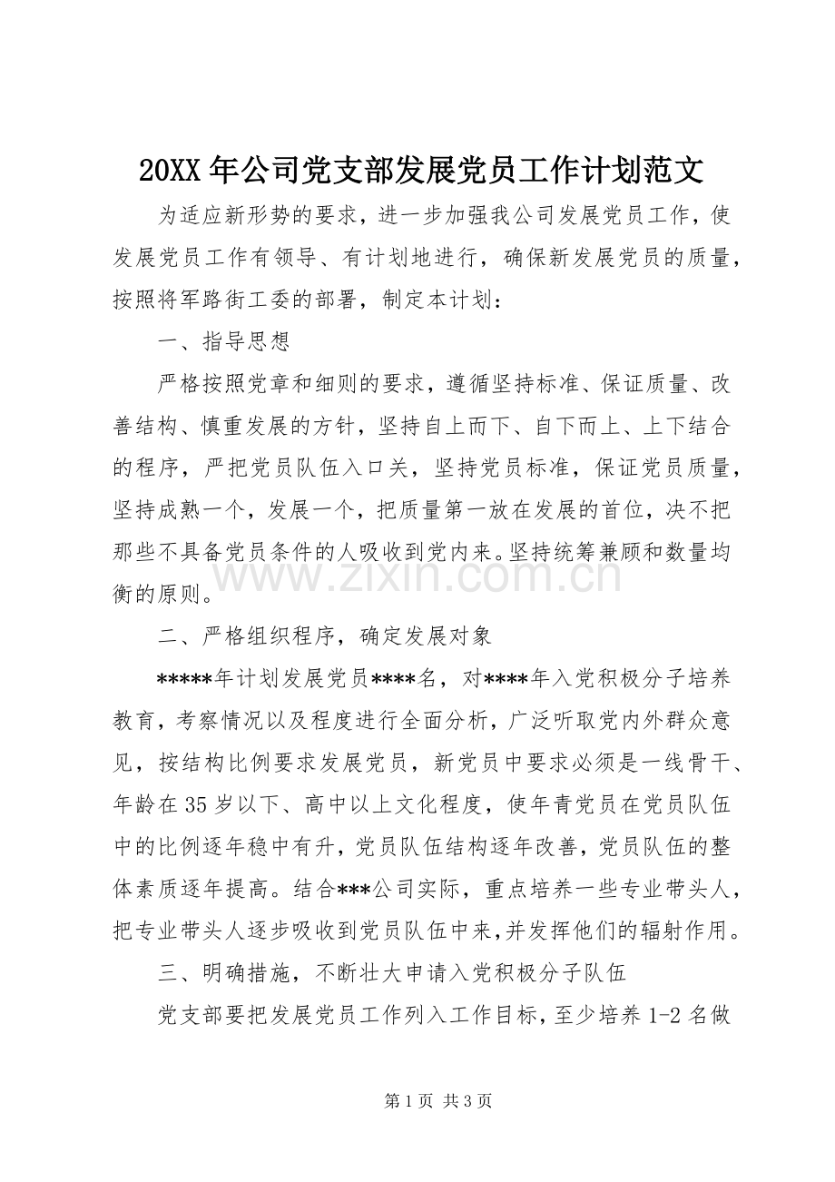 20XX年公司党支部发展党员工作计划范文.docx_第1页