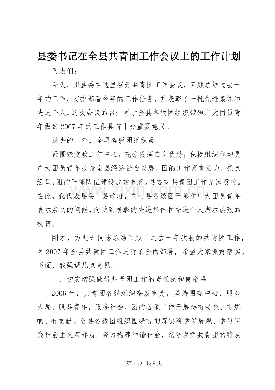 县委书记在全县共青团工作会议上的工作计划.docx_第1页