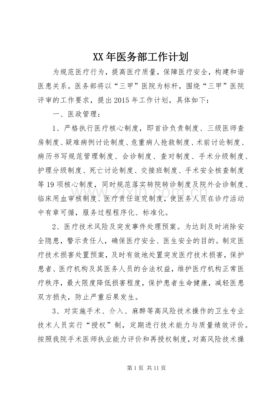 XX年医务部工作计划 .docx_第1页