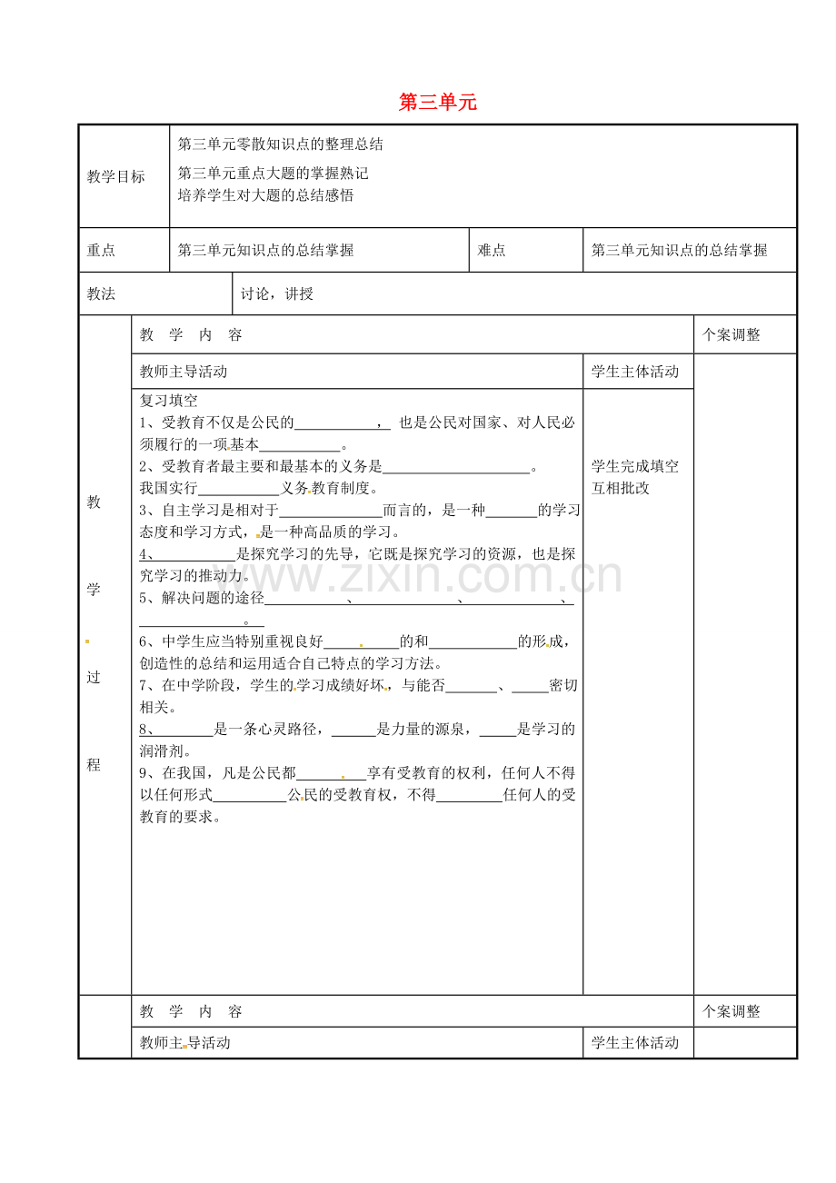 七年级政治上册 第三单元复习教案 苏教版-苏教版初中七年级上册政治教案.doc_第1页