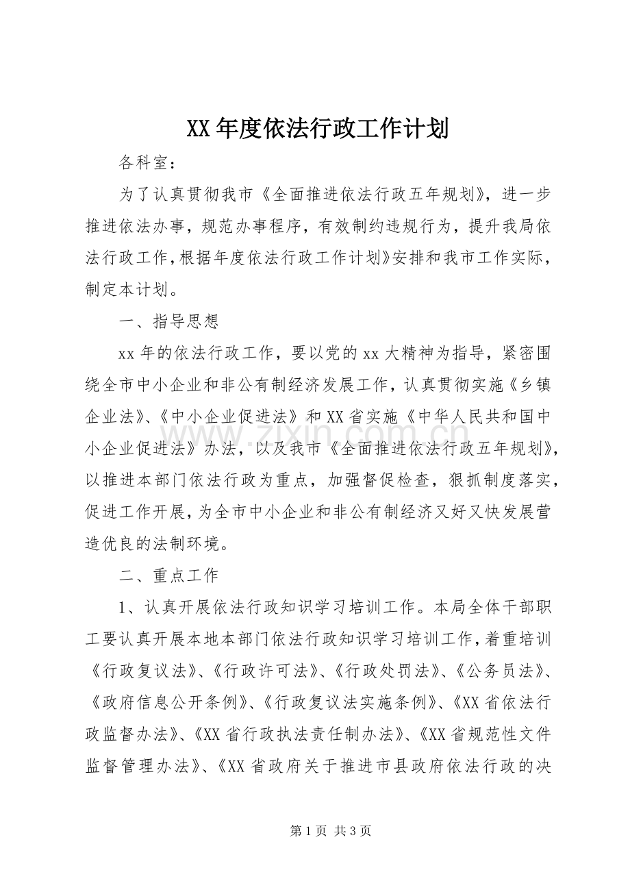 XX年度依法行政工作计划.docx_第1页