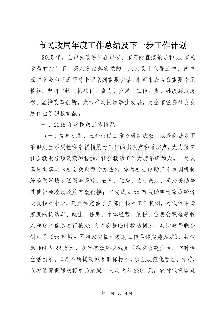 市民政局年度工作总结及下一步工作计划.docx_第1页