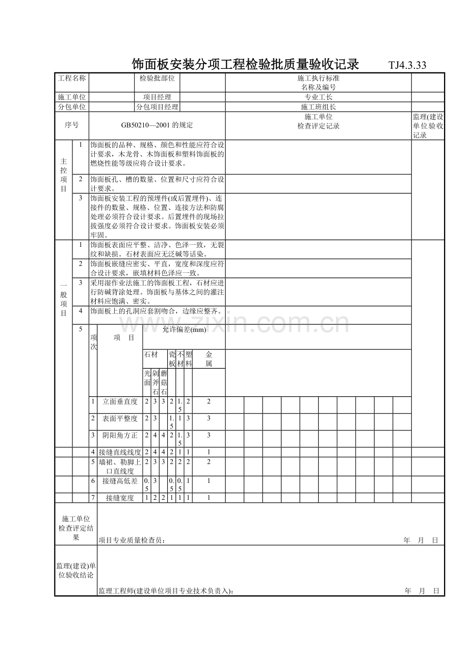 172饰面板安装分项工程检验批质量验收记录TJ4-3-33.doc_第1页