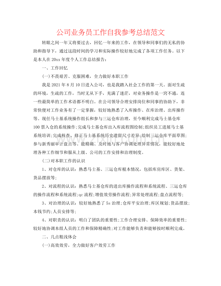 公司业务员工作自我参考总结范文.docx_第1页