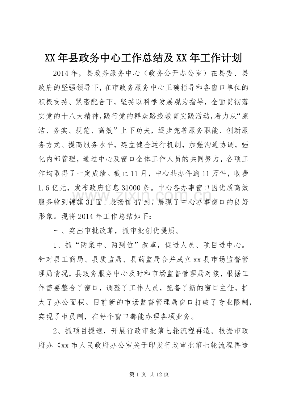 XX年县政务中心工作总结及XX年工作计划.docx_第1页