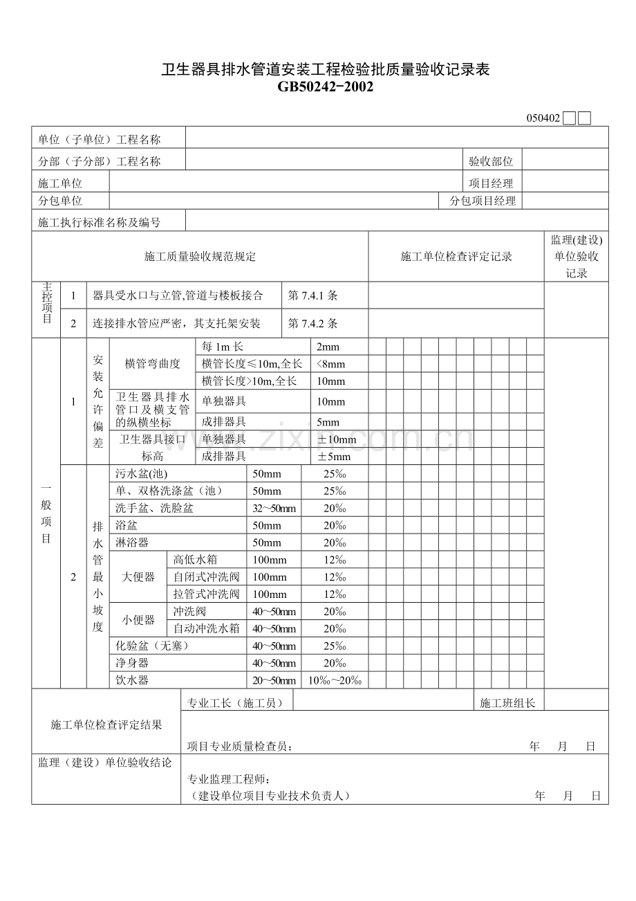 卫生器具排水管道安装工程检验批质量验收记录表050402.doc_第1页