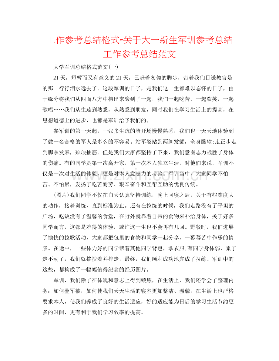 工作参考总结格式关于大一新生军训参考总结工作参考总结范文.docx_第1页