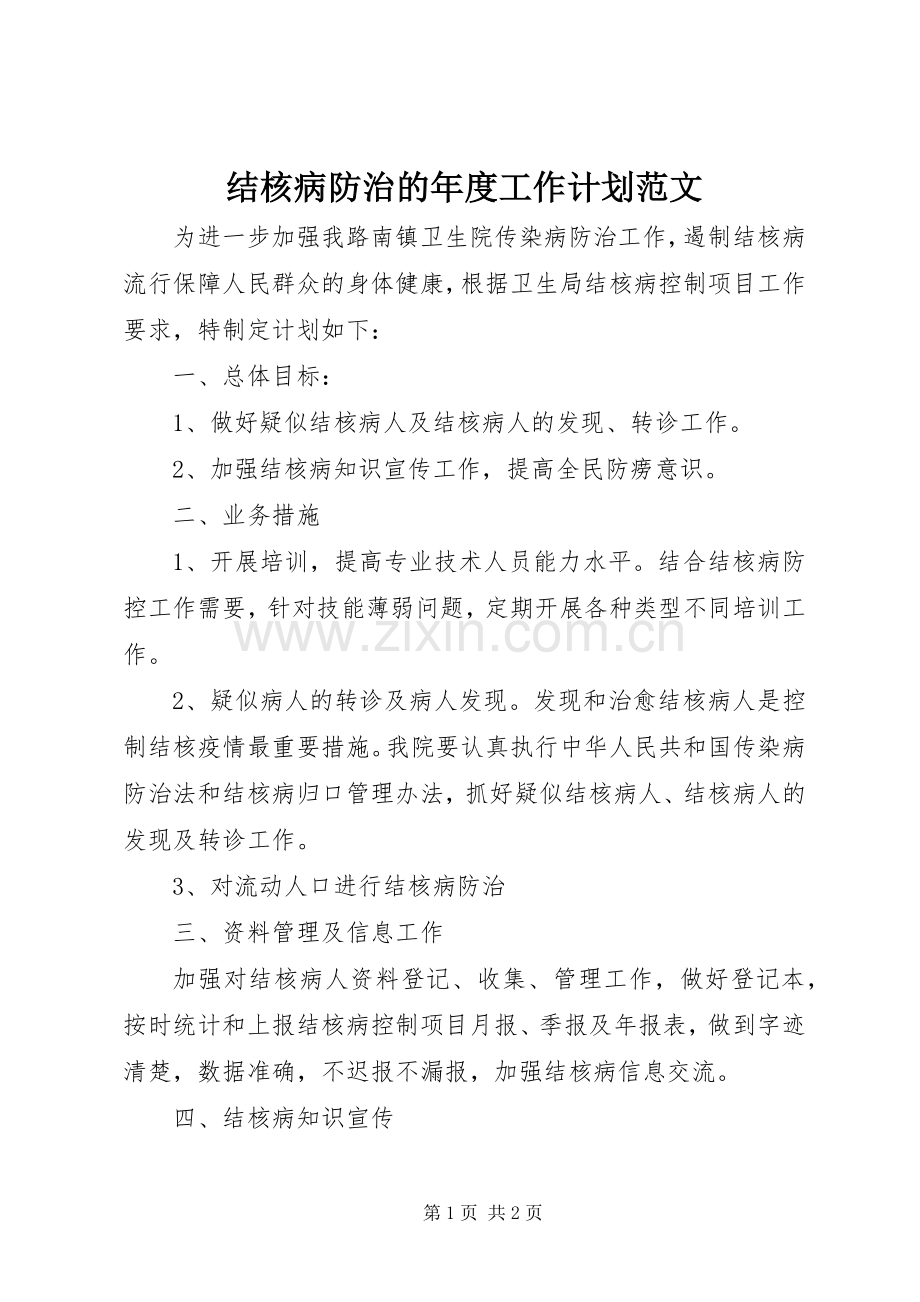 结核病防治的年度工作计划范文.docx_第1页