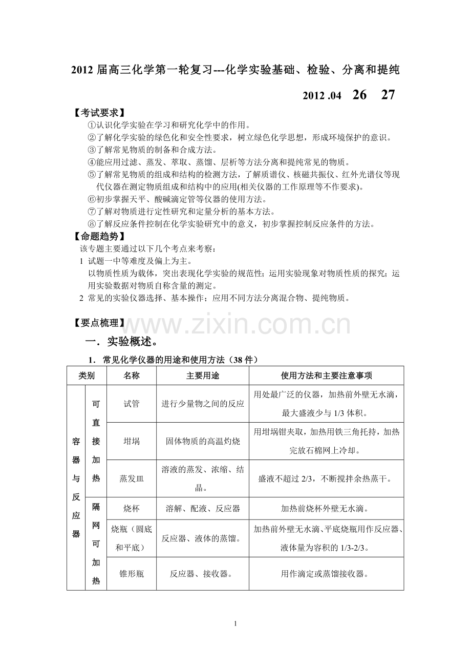 b.2012.04高三化学一轮复习化学实验1.doc_第1页