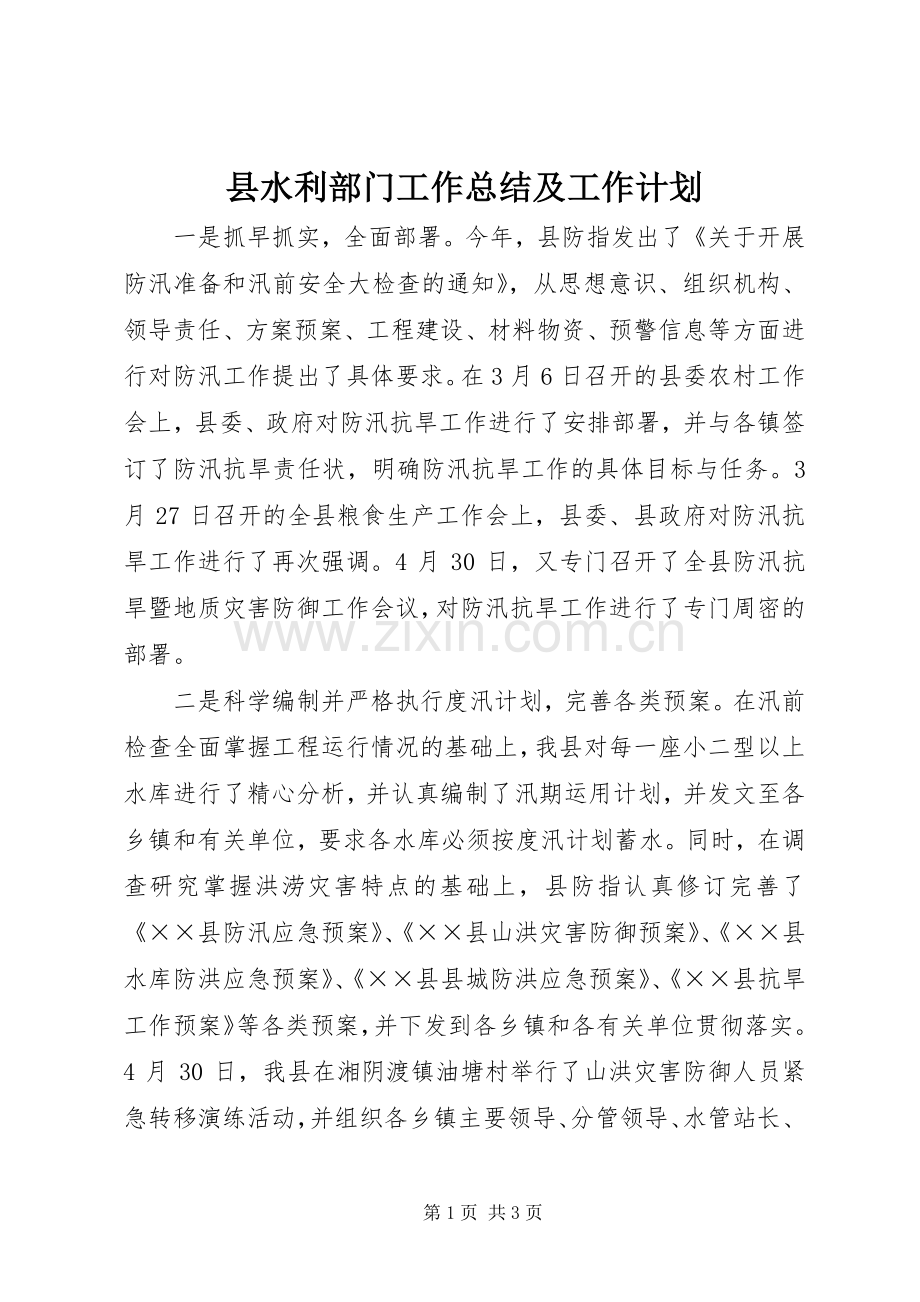 县水利部门工作总结及工作计划.docx_第1页