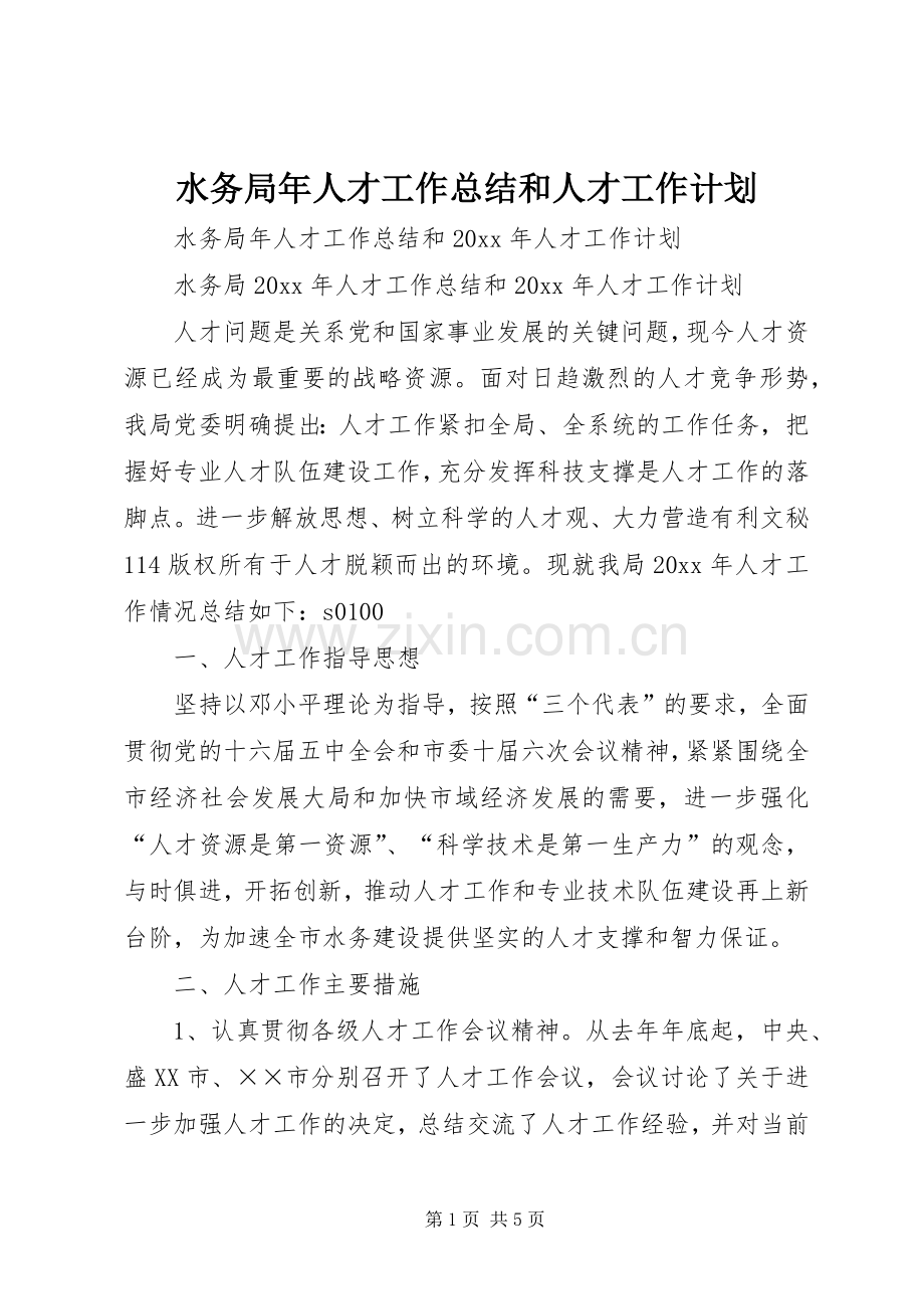 水务局年人才工作总结和人才工作计划_1.docx_第1页