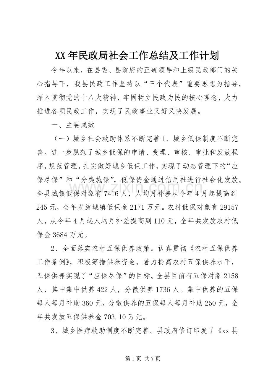 XX年民政局社会工作总结及工作计划.docx_第1页