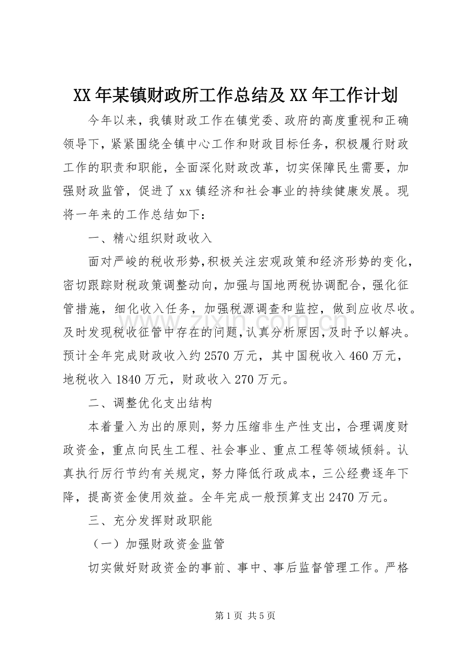 XX年某镇财政所工作总结及XX年工作计划.docx_第1页