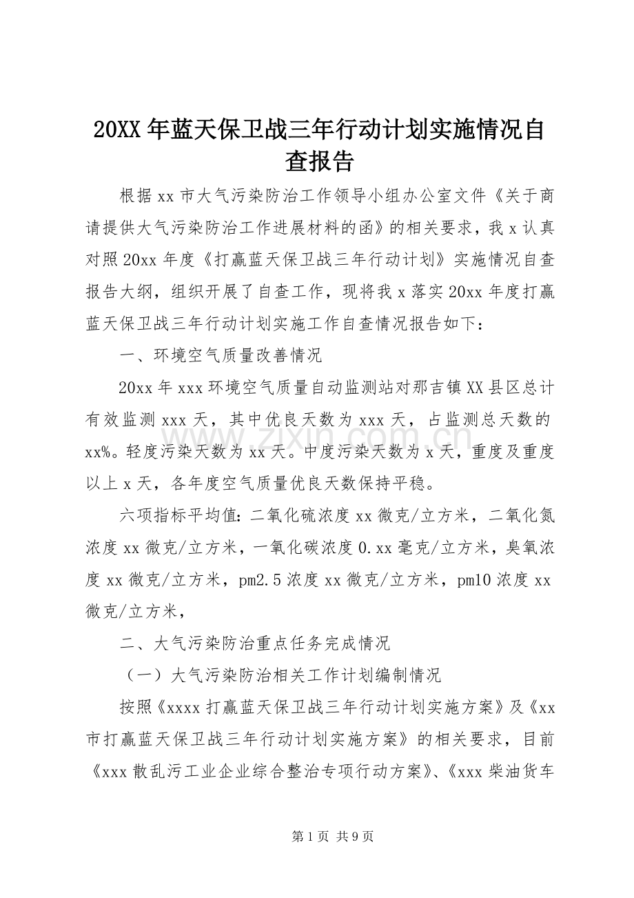 20XX年蓝天保卫战三年行动计划实施情况自查报告.docx_第1页