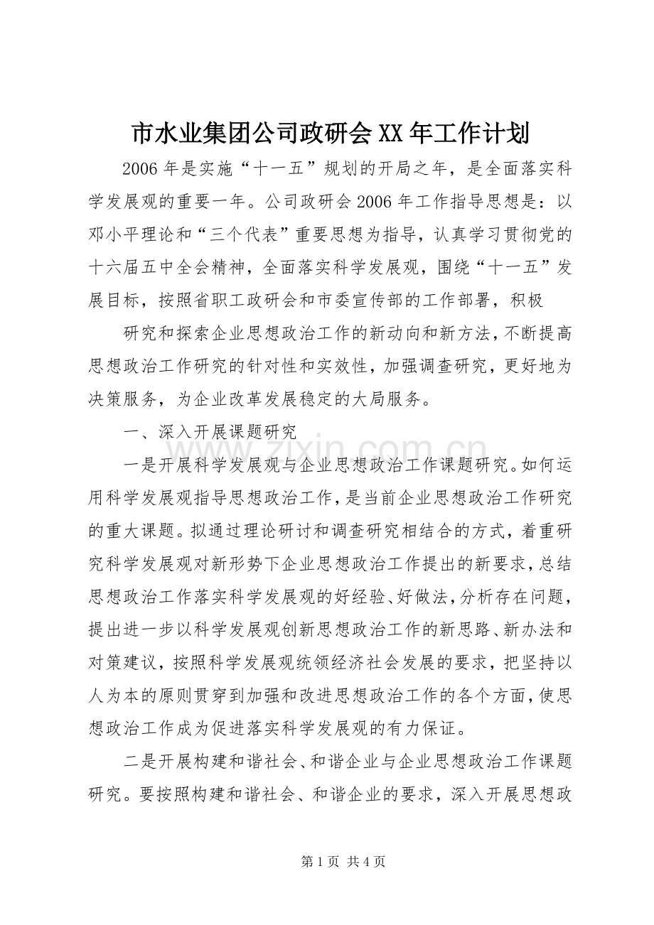 市水业集团公司政研会XX年工作计划.docx_第1页