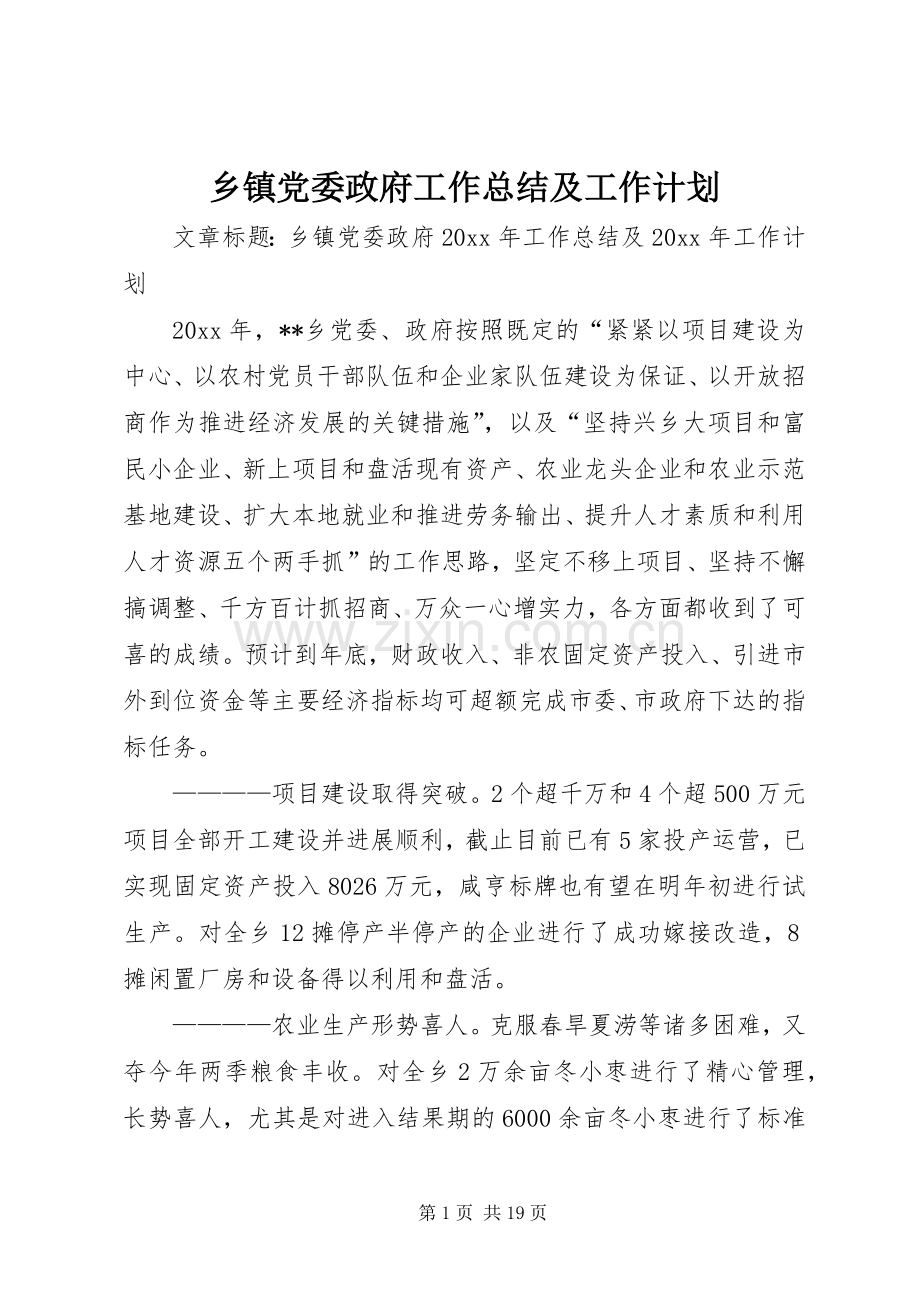 乡镇党委政府工作总结及工作计划.docx_第1页