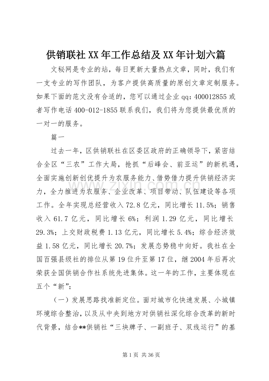 供销联社XX年工作总结及XX年计划六篇.docx_第1页