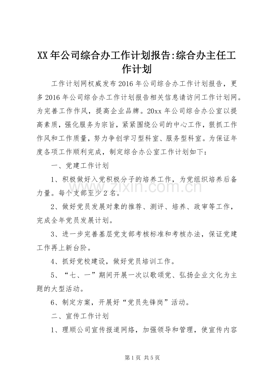 XX年公司综合办工作计划报告-综合办主任工作计划.docx_第1页