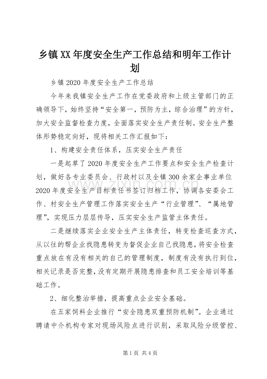 乡镇XX年度安全生产工作总结和明年工作计划.docx_第1页