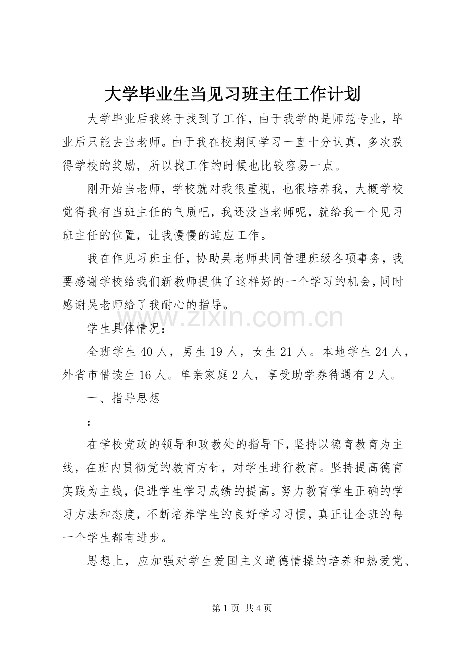 大学毕业生当见习班主任工作计划.docx_第1页