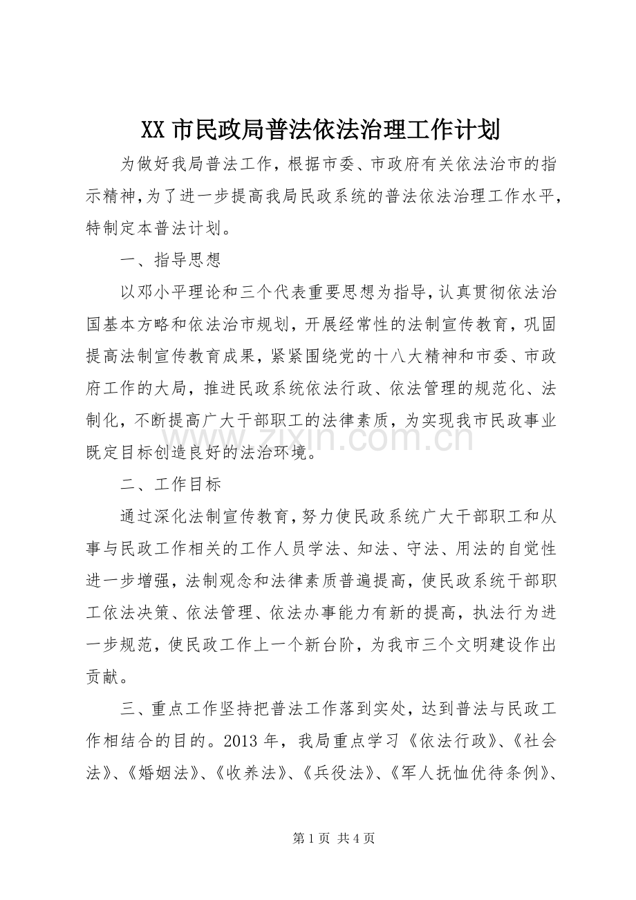 XX市民政局普法依法治理工作计划.docx_第1页