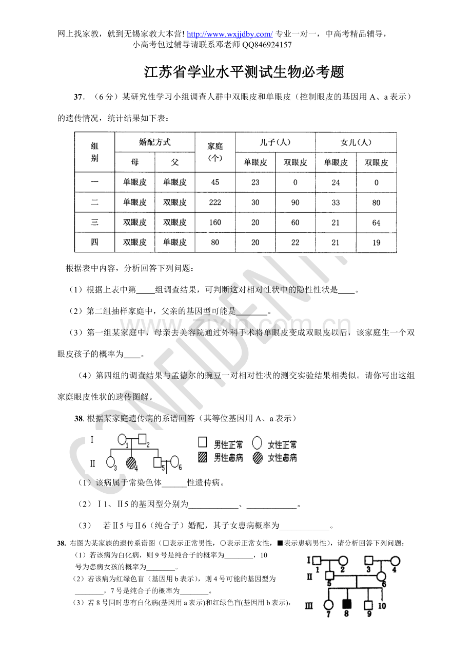 江苏省学业水平测试生物必考题.doc_第1页