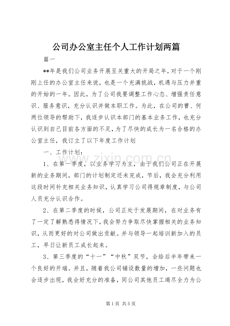 公司办公室主任个人工作计划两篇 .docx_第1页