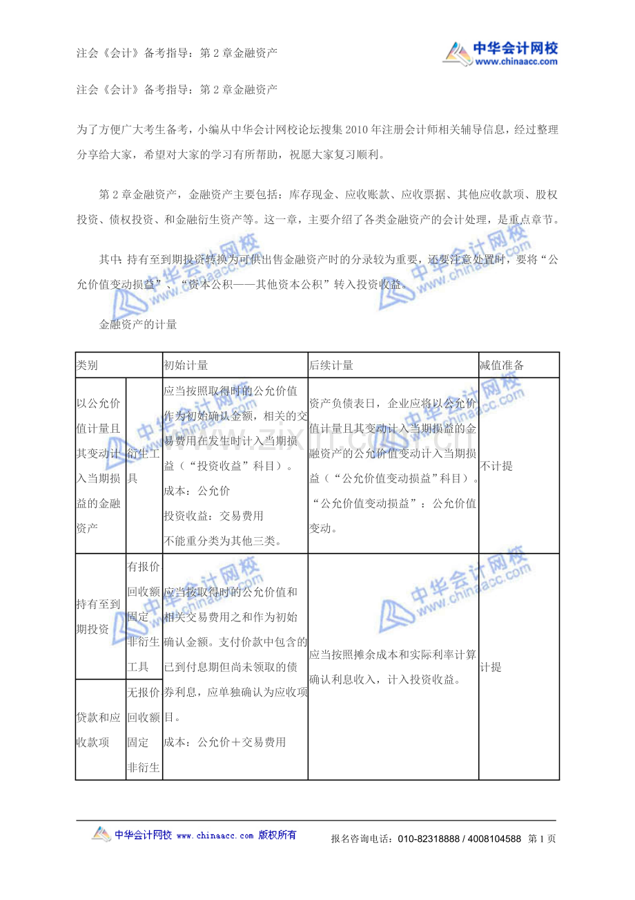 注会《会计》备考指导：第2章金融资产.doc_第1页