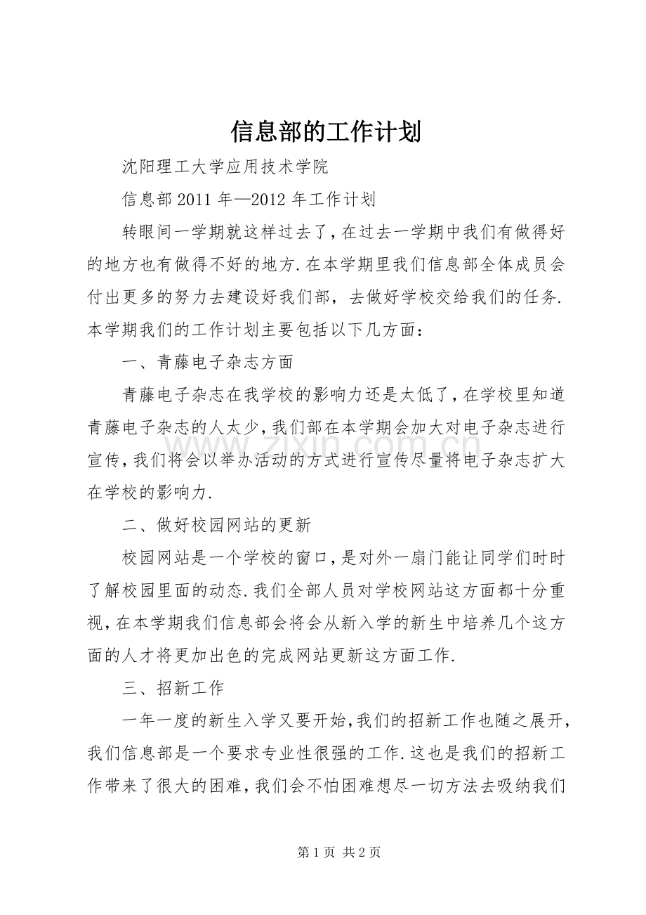 信息部的工作计划.docx_第1页