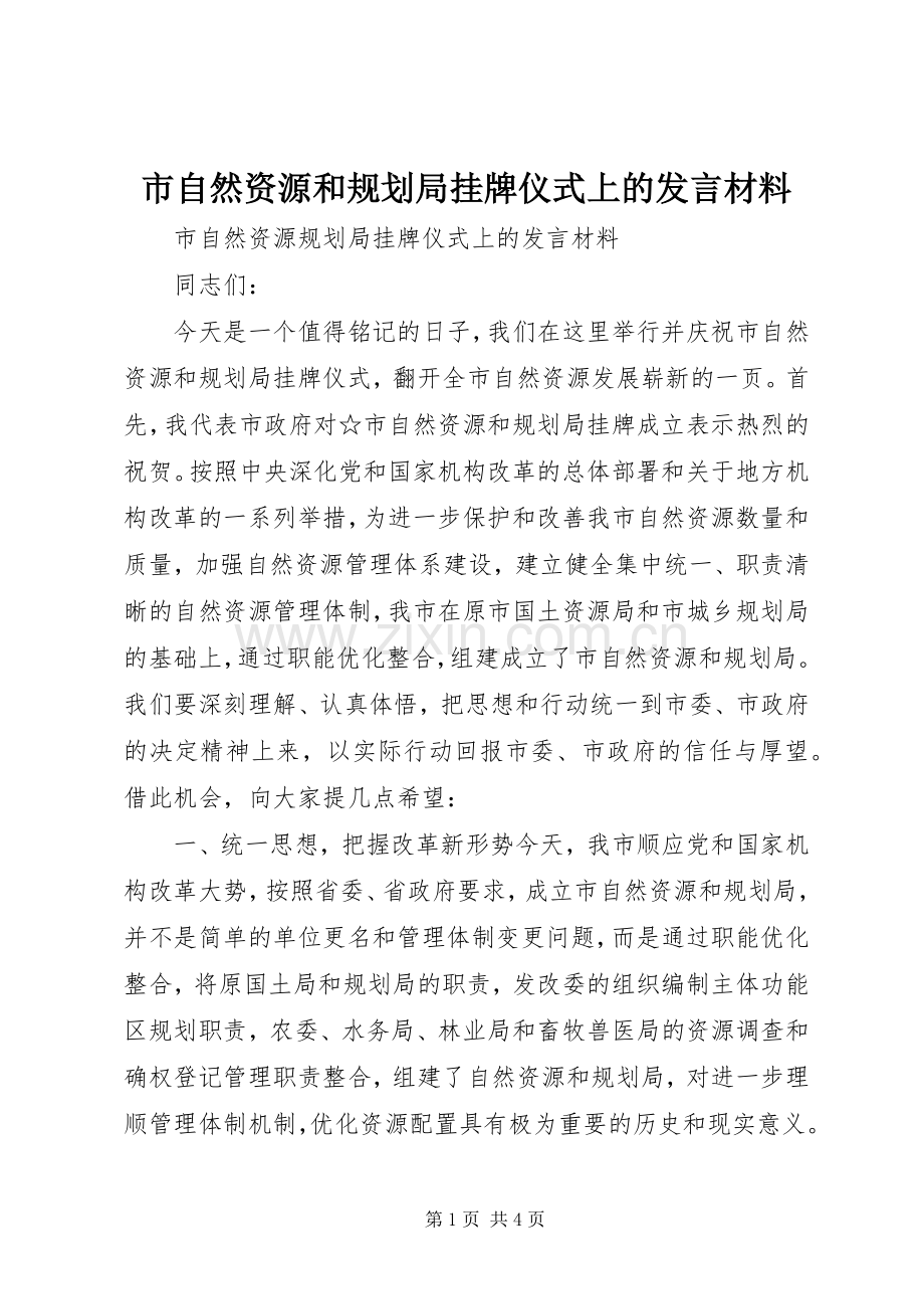 市自然资源和规划局挂牌仪式上的发言材料.docx_第1页