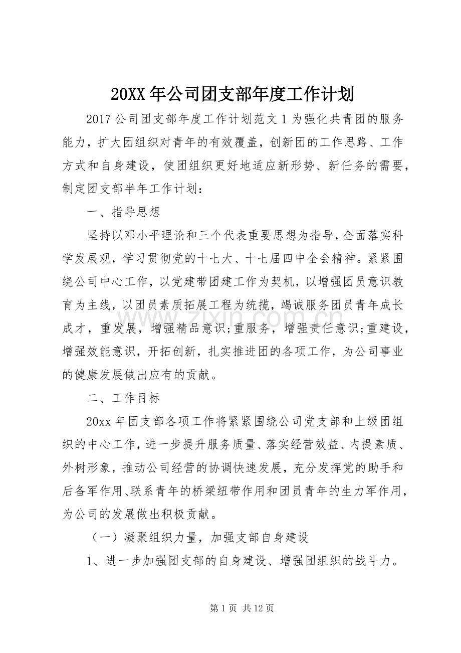 20XX年公司团支部年度工作计划.docx_第1页