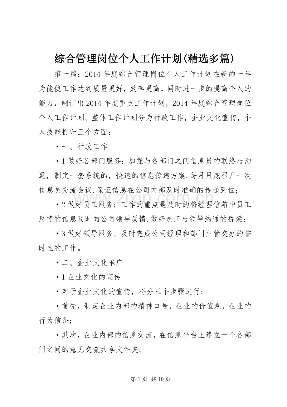 综合管理岗位个人工作计划(多篇).docx_第1页