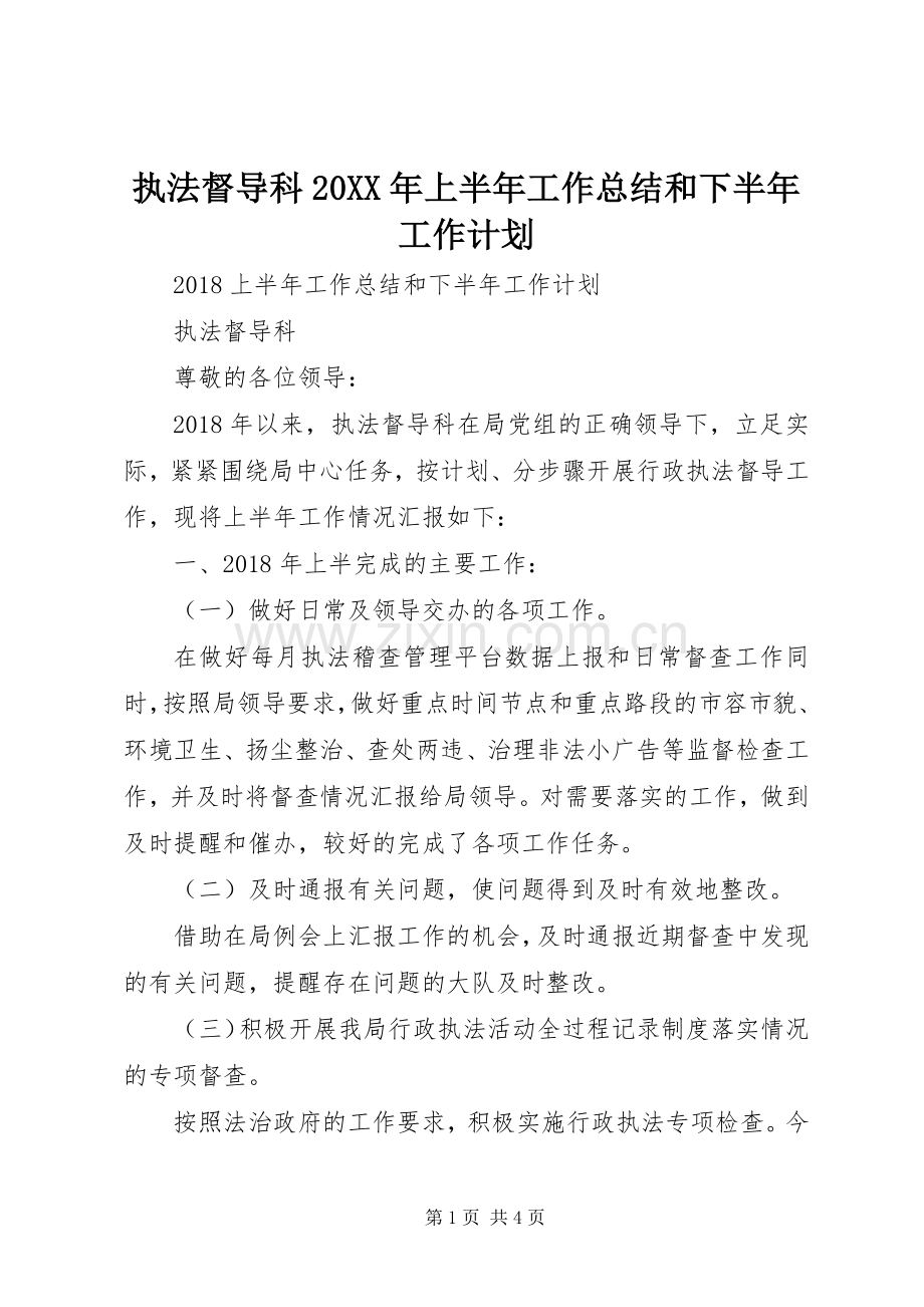 执法督导科20XX年上半年工作总结和下半年工作计划.docx_第1页