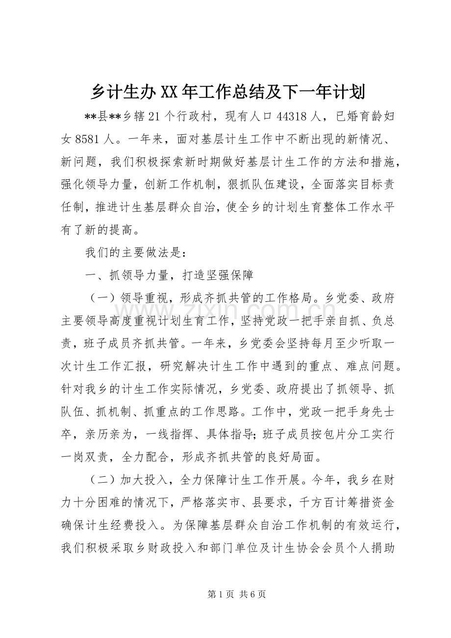 乡计生办XX年工作总结及下一年计划.docx_第1页