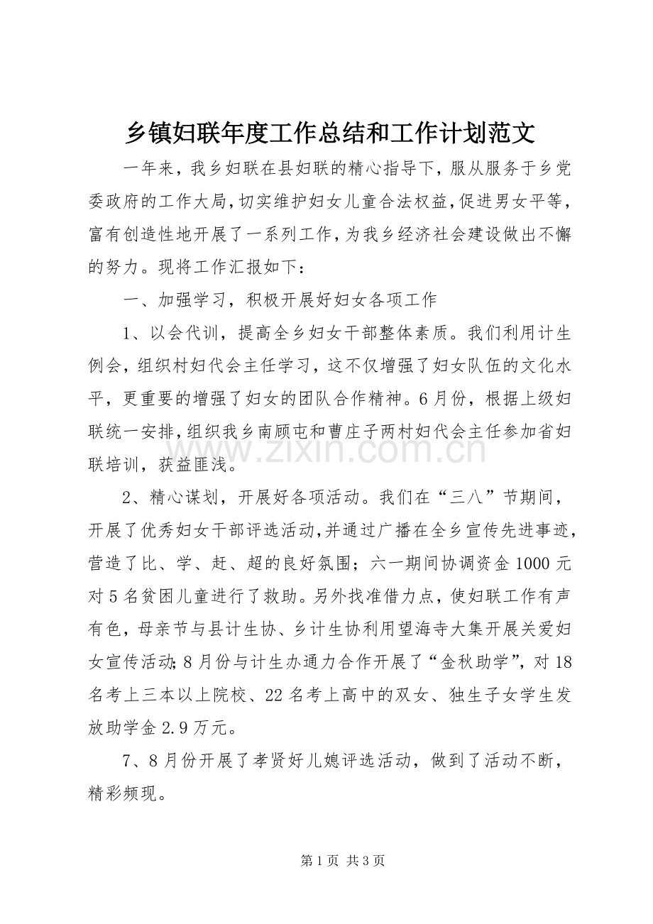 乡镇妇联年度工作总结和工作计划范文.docx_第1页