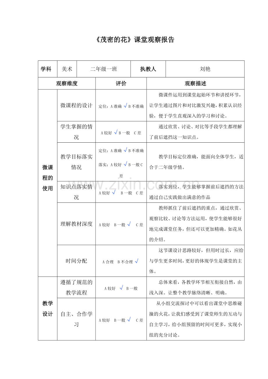 人美版小学美术二年级下册《茂密的花》课堂观察报告.doc_第1页