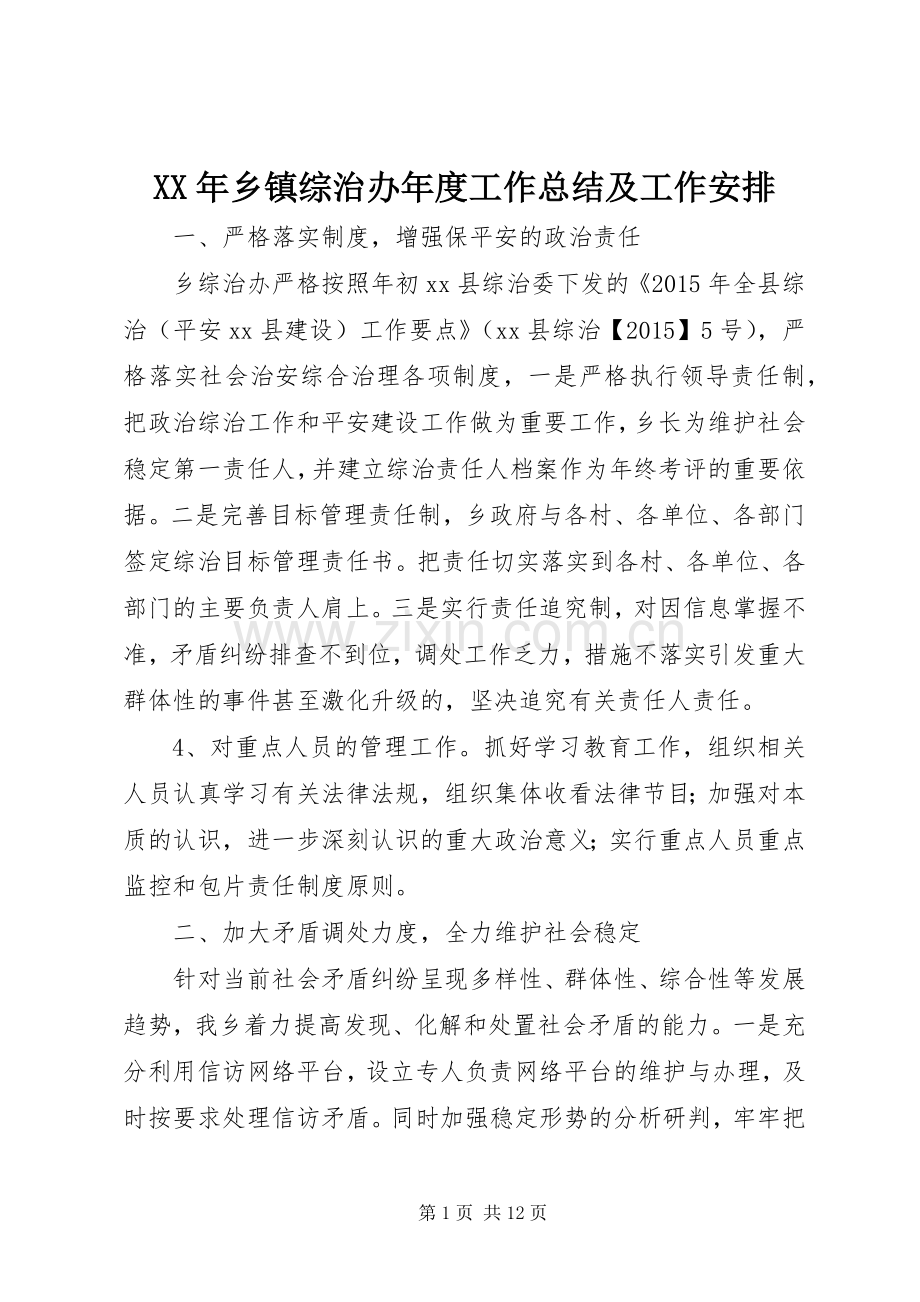 XX年乡镇综治办年度工作总结及工作安排.docx_第1页