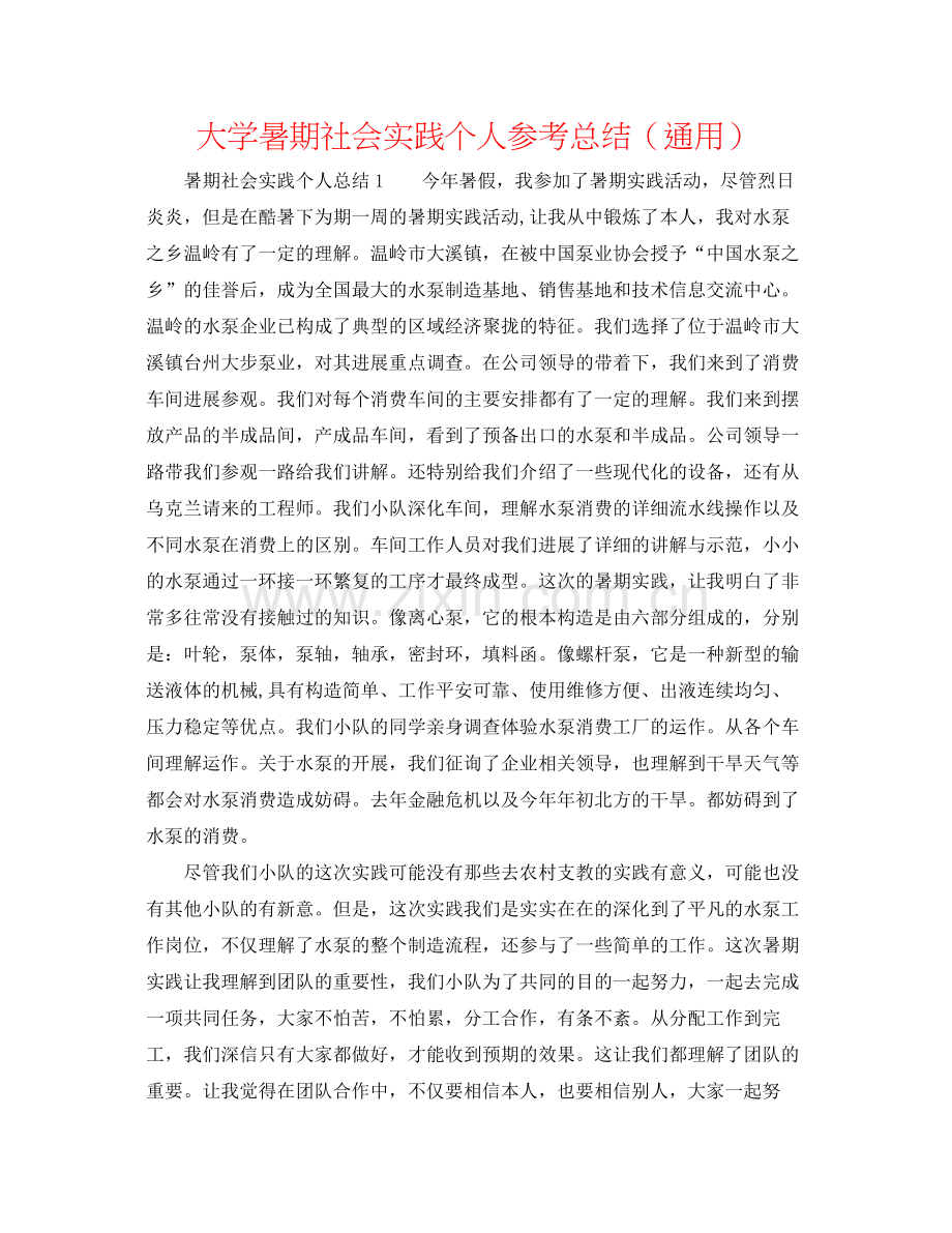 大学暑期社会实践个人参考总结（通用）.docx_第1页