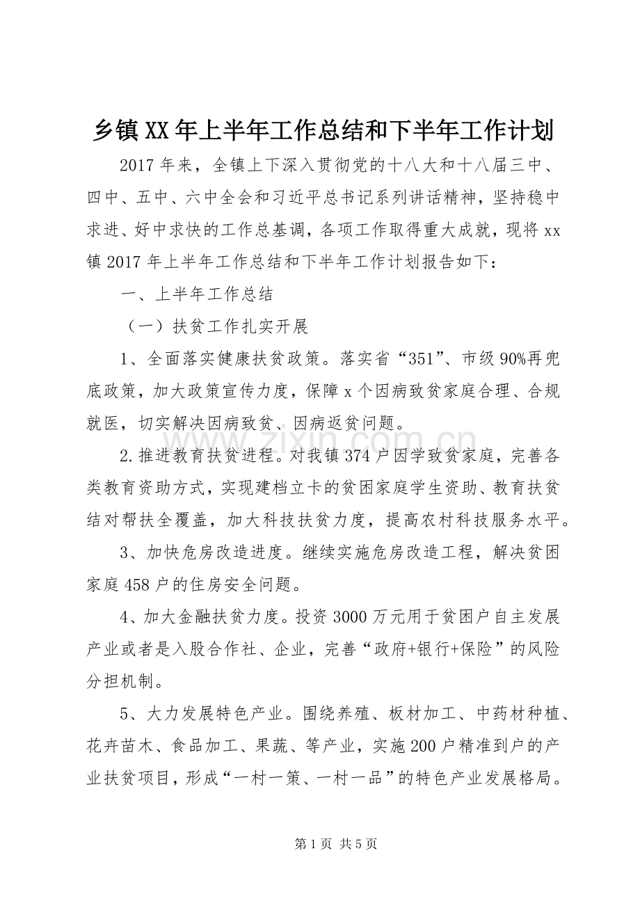 乡镇XX年上半年工作总结和下半年工作计划.docx_第1页