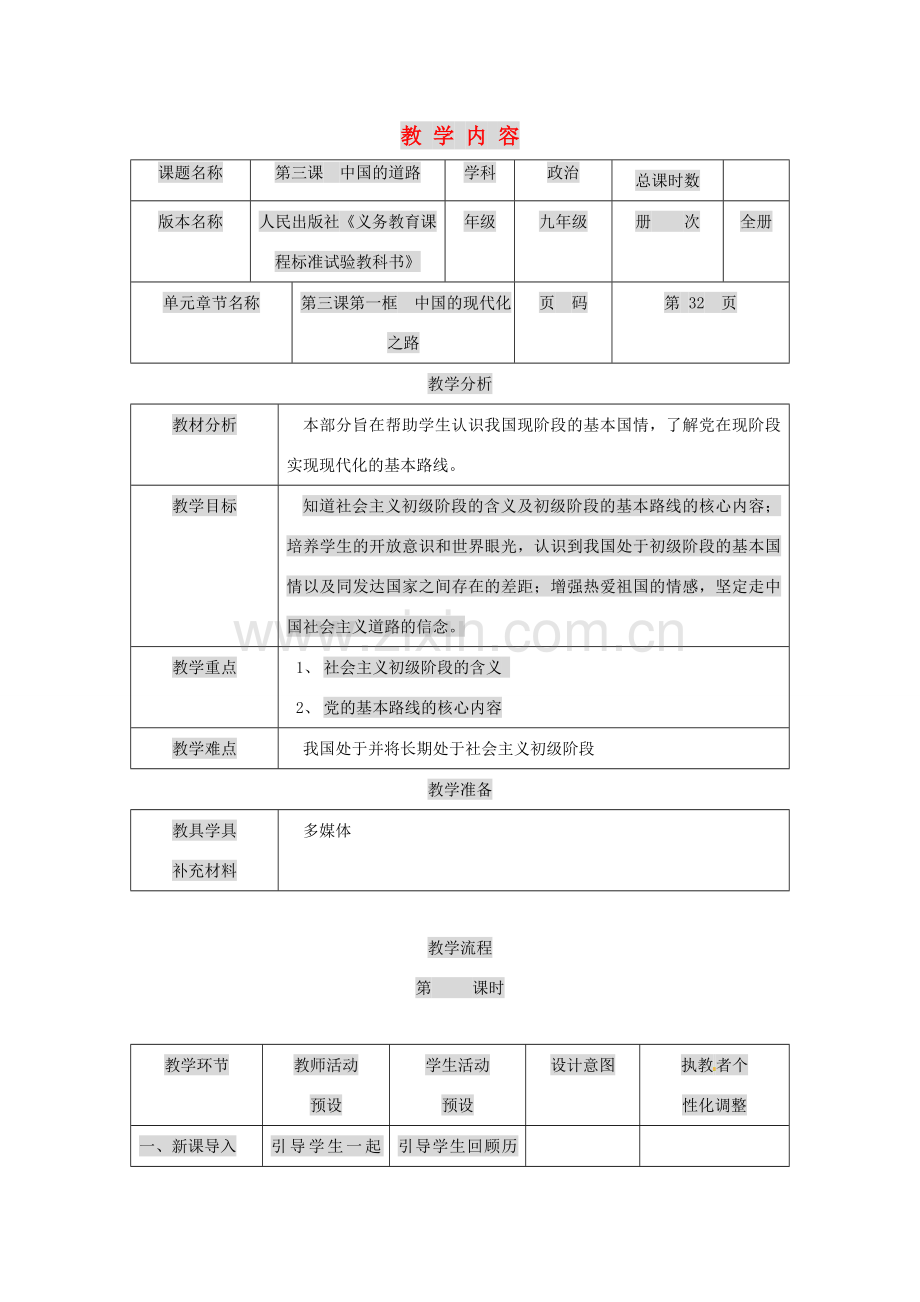 九年级政治 中国的道路 教案 人民版.doc_第1页