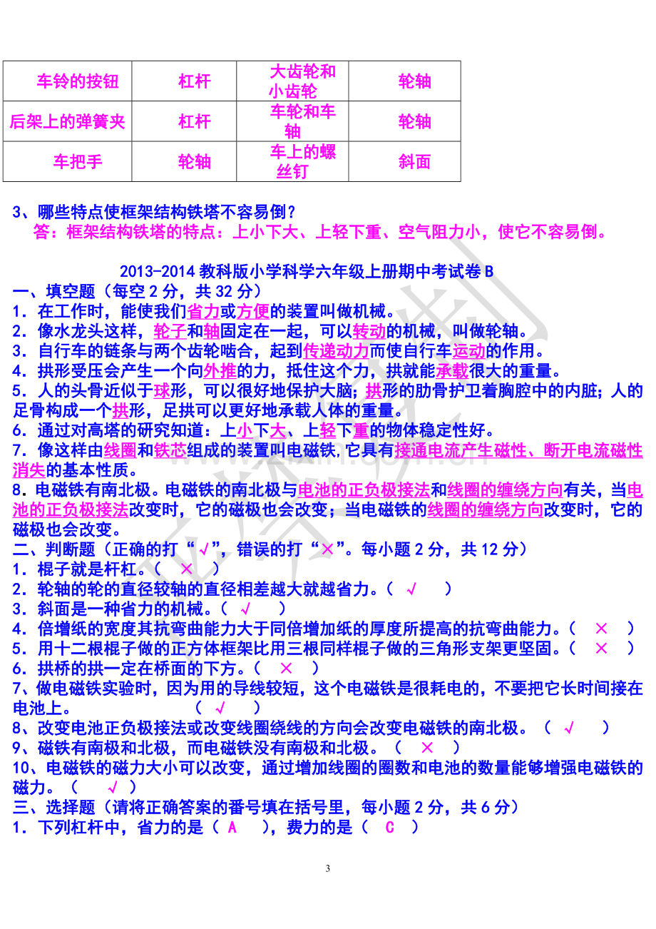 2013-2014六年级上册期中科学试卷含答案.doc_第3页