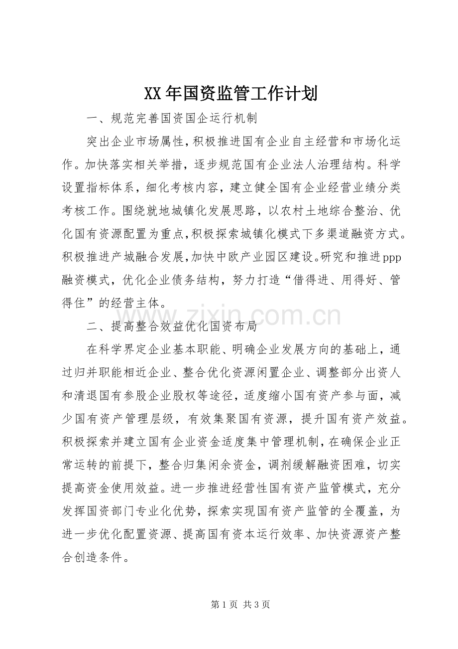 XX年国资监管工作计划.docx_第1页