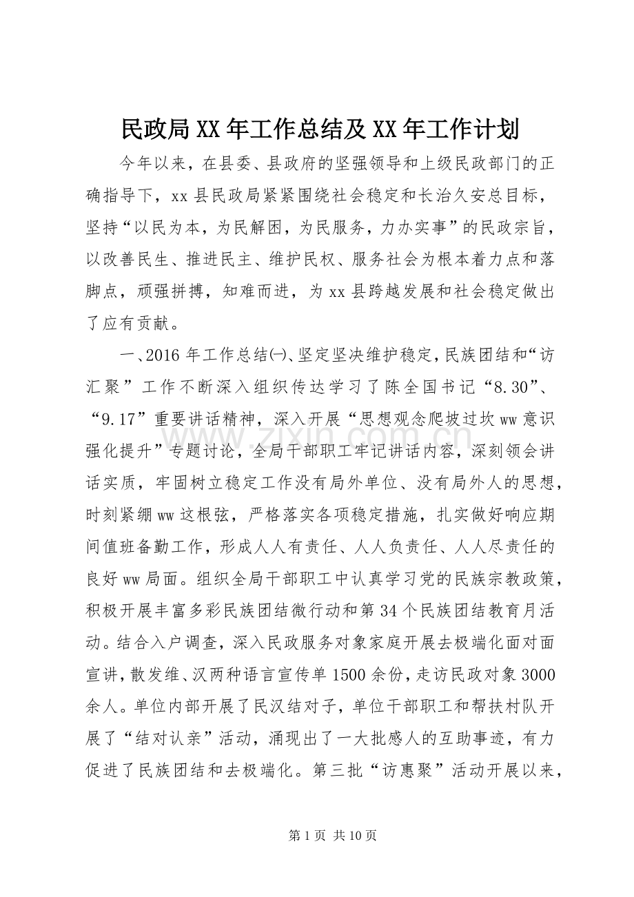 民政局XX年工作总结及XX年工作计划 .docx_第1页