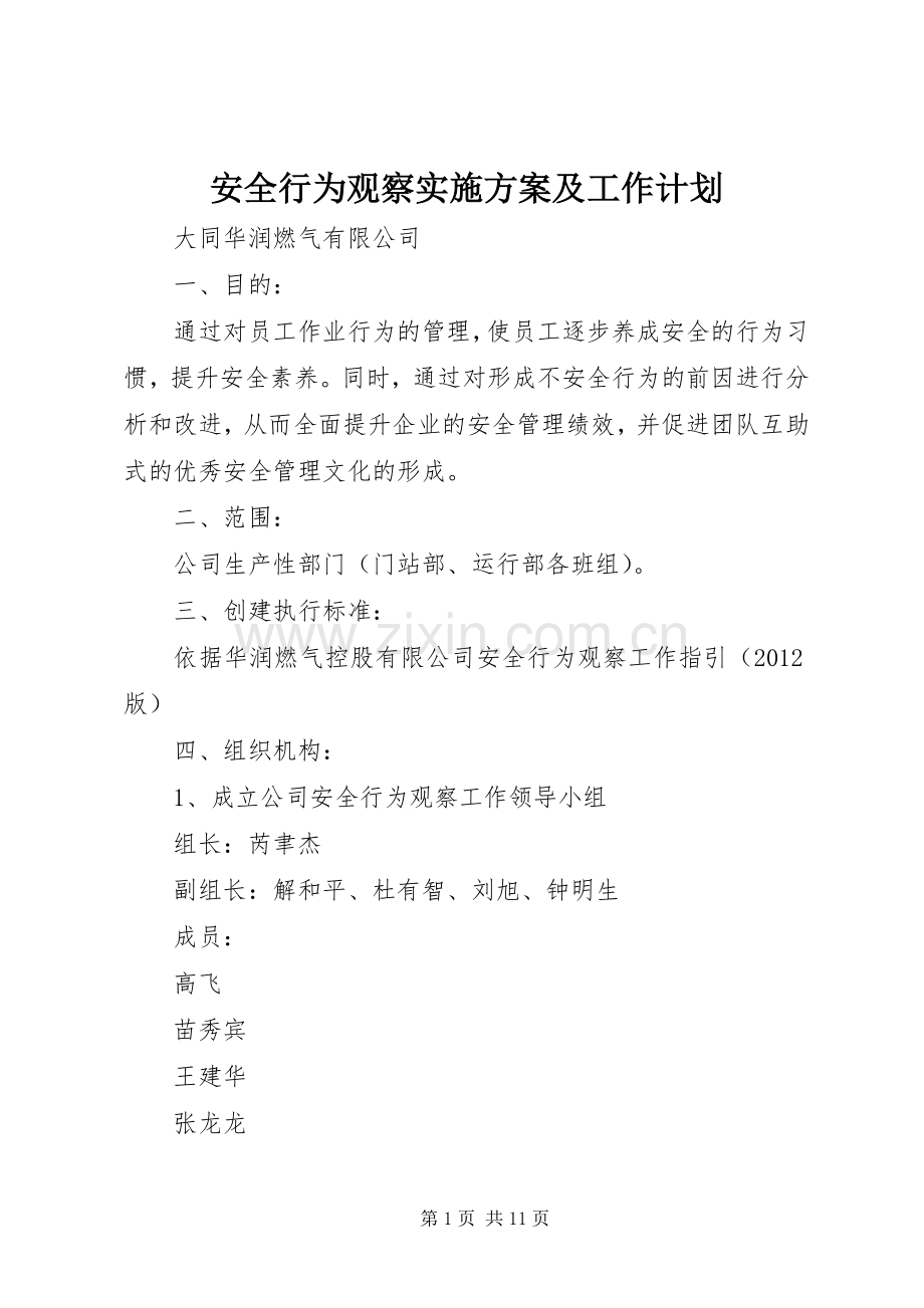 安全行为观察实施方案及工作计划 .docx_第1页