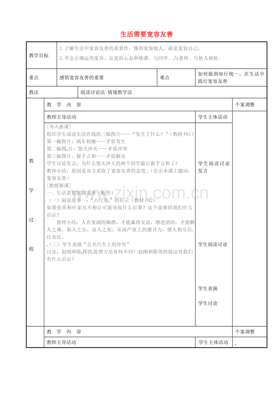 七年级政治上册 7.1 生活需要宽容友善教案 苏教版-苏教版初中七年级上册政治教案.doc_第1页